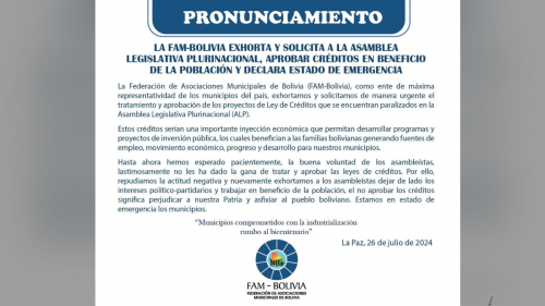 Asociación de municipios  en emergencia y exigen al Legislativo aprobar  créditos bloqueados