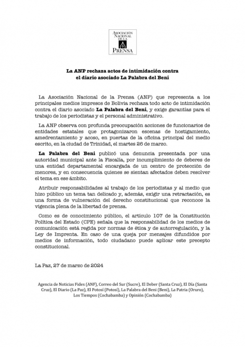 ANP rechaza intimidación contra diario La  Palabra del Beni y exige garantías para la prensa