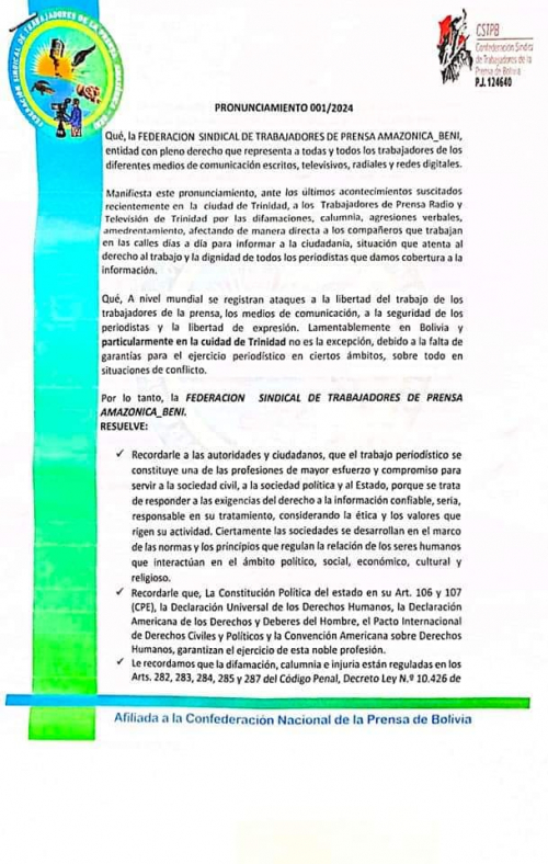 Federación Sindical de Trabajadores de Prensa Amazónica exige sentar precedente judicial