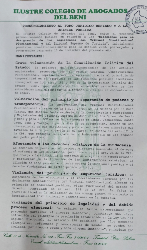 Colegio de Abogados del Beni insta al TSE a continuar elecciones judiciales para rescatar el estado de derecho